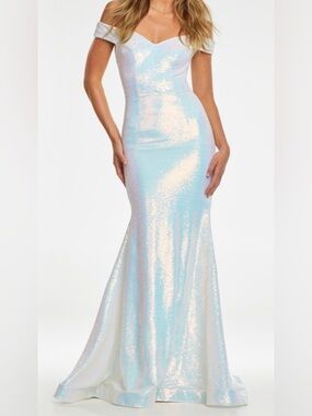 Iridescent White Off-Shoulder Sequin Prom Gown